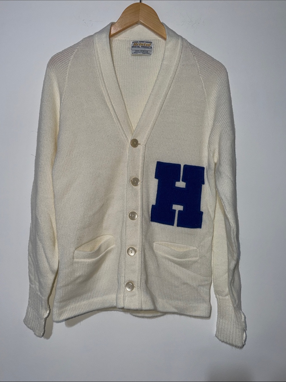 Bristol Products Cream Letterman Cardigan Sweater with Blue H Patch vintage